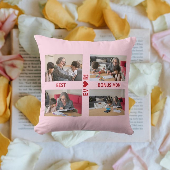 4 Photos Best Bonus Mom Ever Heart Photo Collage  Throw Pillow (Best Bonus Mom EVER! Heart. 4 photos. Modern, elegant Mother's Day gift for Stepmom / Second Mom )