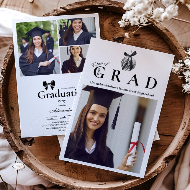 4 Photos Black Bow  Disco Ball Graduation Party  Invitation (Creator Uploaded)