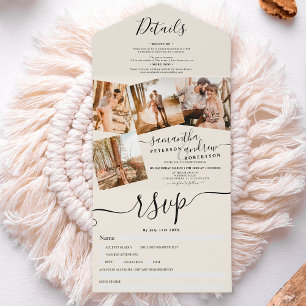 4 Photos black ivory modern script wedding All In One Invitation