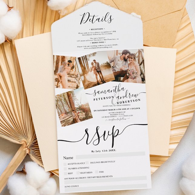 4 Photos black white modern script wedding All In One Invitation (Creator Uploaded)