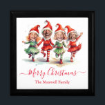 4 Photos Christmas elves Gift Box<br><div class="desc">Cute dancing Christmas elves holiday card with 4 photos. Personalize with photos and family name.</div>