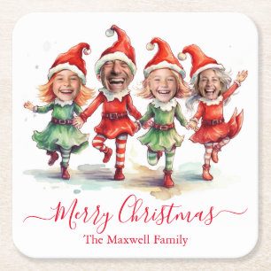 4 Photos Christmas elves  Square Paper Coaster