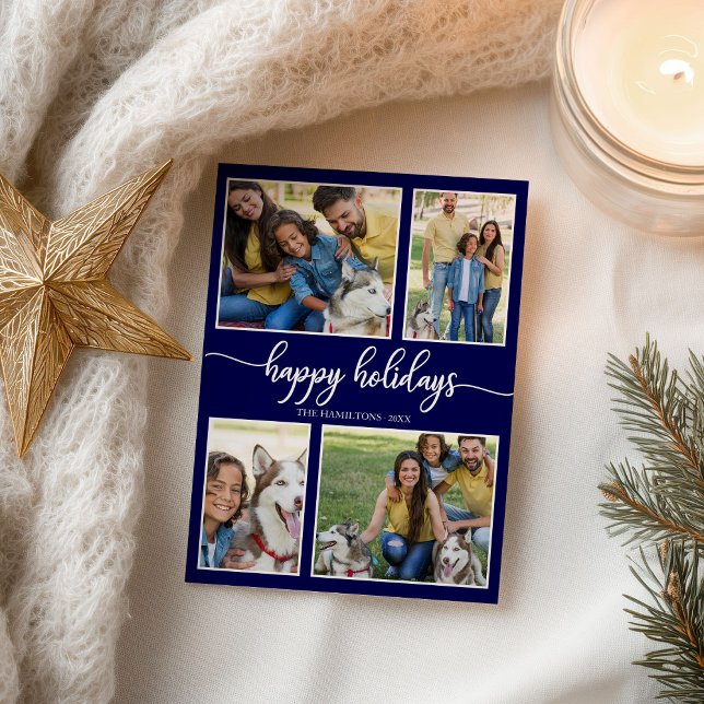 4 Photos Collage Happy Holidays Modern Navy Blue Postcard (Creator Uploaded)
