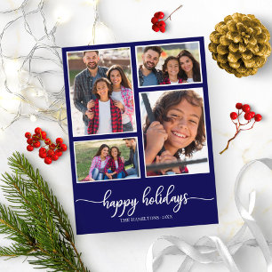 4 Photos Collage Happy Holidays Modern Navy Blue Postcard