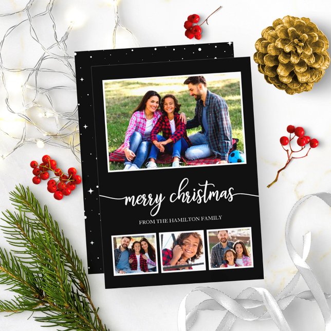 4 Photos Collage Merry Christmas Modern Black Invitation (Creator Uploaded)