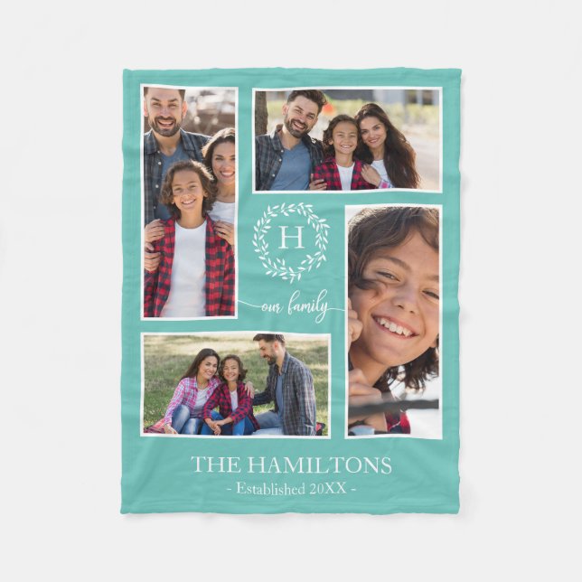 4 Photos Collage Monogram Family Photo Home Decor Fleece Blanket (Front)