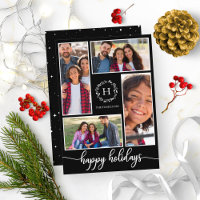 4 Photos Collage Monogram Happy Holidays Black
