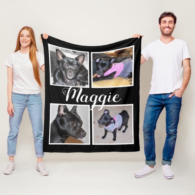 4 Photos Customizable | Black W Fleece Dog Blanket (In Situ)
