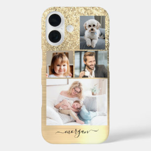 4 Photos, Faux Brushed Gold Metal, Glitter, Name iPhone 16 Case