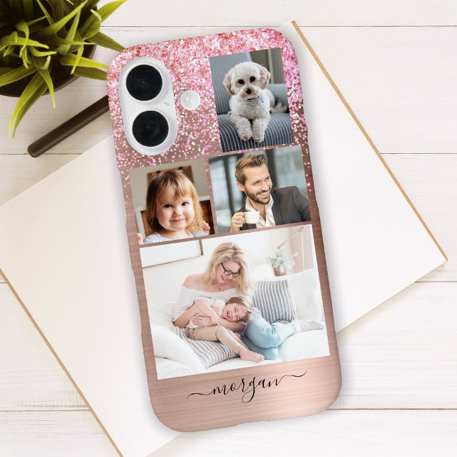 4 Photos, Faux Brushed Metal, Glitter, Script Name Case-Mate iPhone Case (Creator Uploaded)