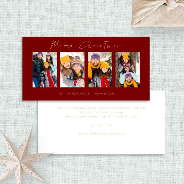 4 Photos Gold Script Burgundy Merry Christmas Holiday Card (Front and back view)
