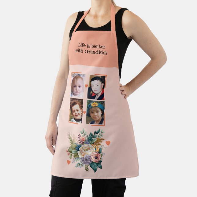 4 photos grandchildren floral peach apron (Insitu)