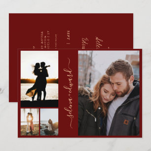 4 Photos Grid Burgundy and Gold Script Wedding Invitation