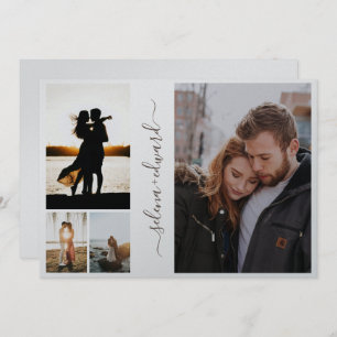4 Photos Grid Metallic Silver Script Wedding Invitation