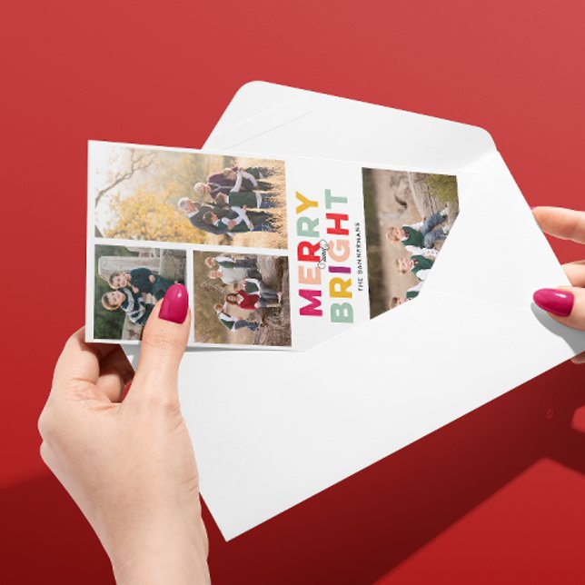 4 Photos Merry Bright and Colourful Holiday Card (skinny format Christmas holiday four photo card with merry and bright message in red, pink, purple)