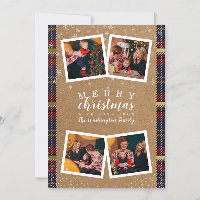 4 Photos Merry Christmas | Kraft & Plaid Holiday Invitation (Front)