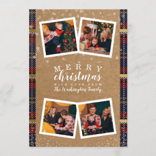 4 Photos Merry Christmas Kraft & Plaid Holiday Invitation