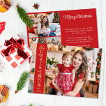 4 photos Merry Christmas red family gold Foil Holiday Card<br><div class="desc">Modern holiday greeting card featuring a full-bleed customizable photo on the front with a red vertical overlay band on the left, highlighting the wording "Merry Christmas" in real gold foil. You can upload three more of your favourite family photos and your personal greeting message on the reverse of the card....</div>