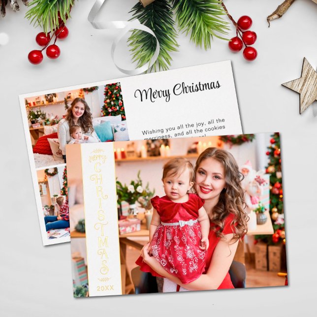 4 photos Merry Christmas white family gold Foil Holiday Card (Creator Uploaded)