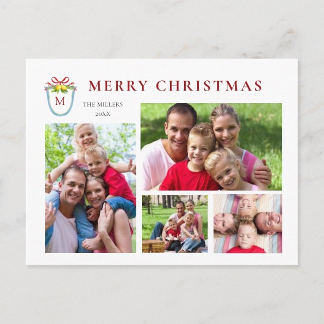 4 Photos Monogrammed Crest Christmas  Holiday Postcard (Front)