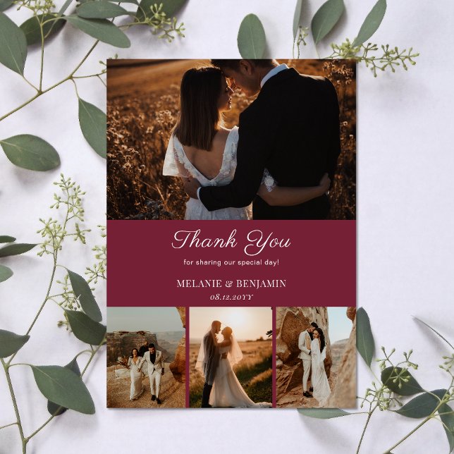 4 Photos Rose rose Carte de remerciements de fleur (4 Photos Rose Pink Romantic Flower Thank You Card)