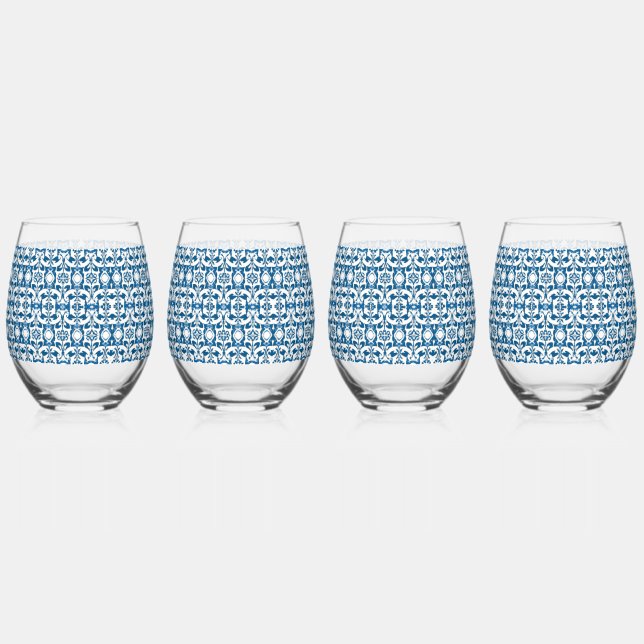 4 Piece Stemless Wine Glasses | Bohemian Blues  (Front)