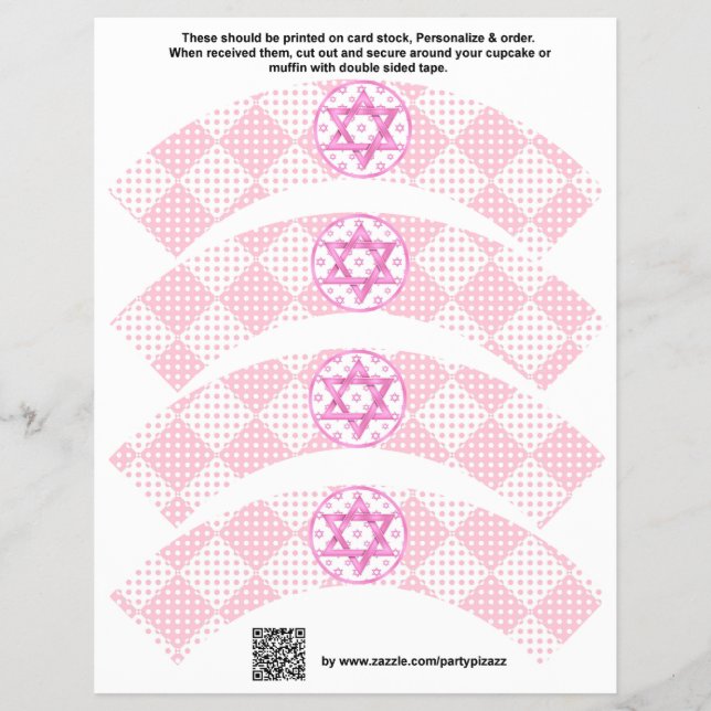 4 Pink Girl Bat Mitzvah Custom Cupcake Wrappers (Front)