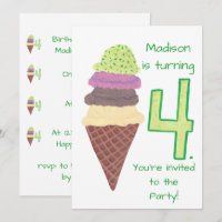 4 Scoops of Ice Cream Birthday Party Invitations