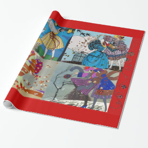 4 SEASONS ARTDECO BEAUTY FASHION ILLUSTRATION,Red Wrapping Paper
