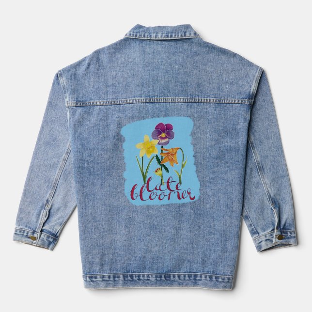 4 Spring and Summer Flowers with Fancy Text Denim Jacket (Back)