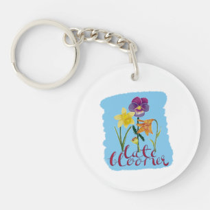 4 Spring and Summer Flowers with Fancy Text Keychain