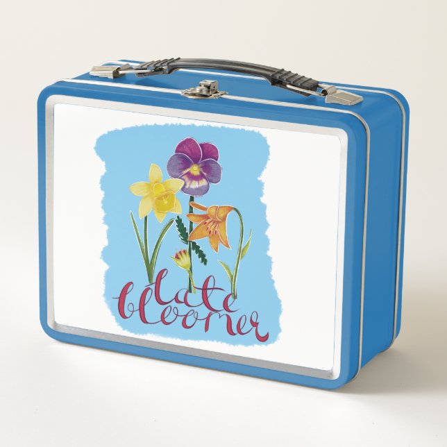 4 Spring and Summer Flowers with Fancy Text Metal Lunch Box (Front)