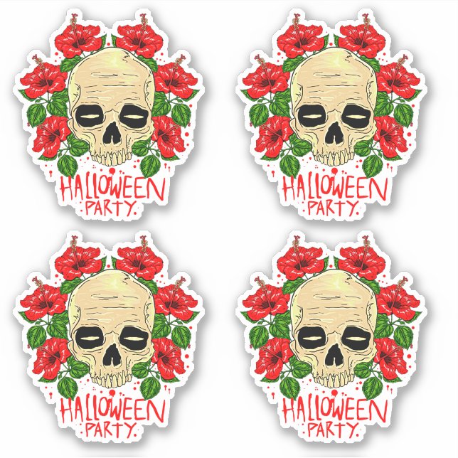 4 Sticker Halloween Party Crâne sang Fleurs rouges (Devant)