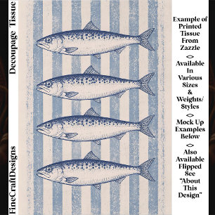 4 Stylized Sardines, Blue Stripes FM6L Decoupage Tissue Paper