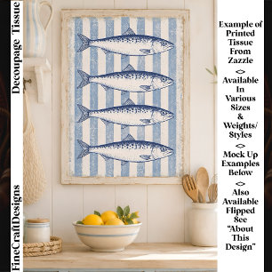 4 Stylized Sardines, Blue Stripes FM6R Decoupage Tissue Paper