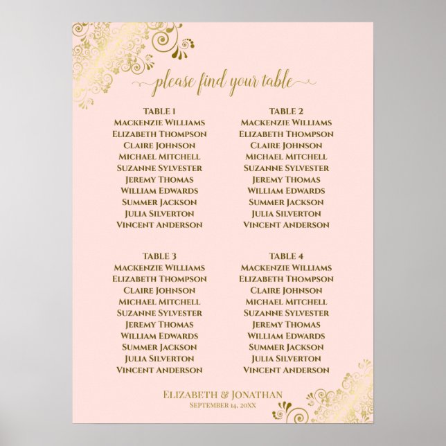 4 Table Blush Pink & Gold Wedding Seating Chart (Front)