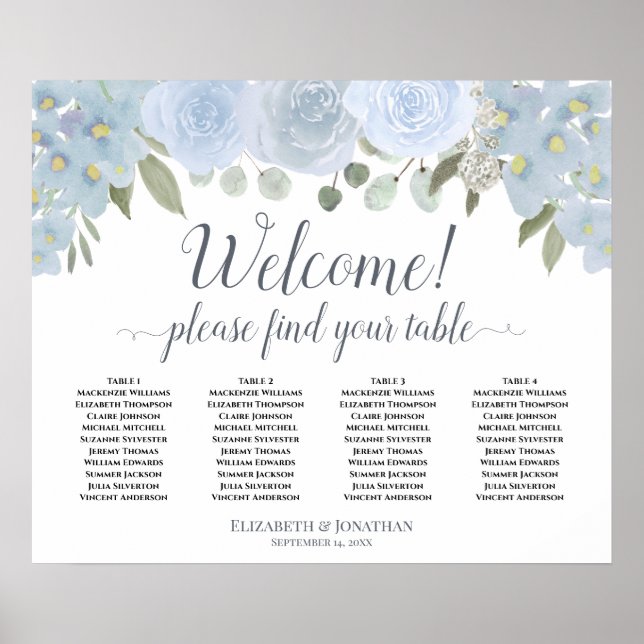 4 Table Dusty Blue Roses Wedding Seating Chart (Front)