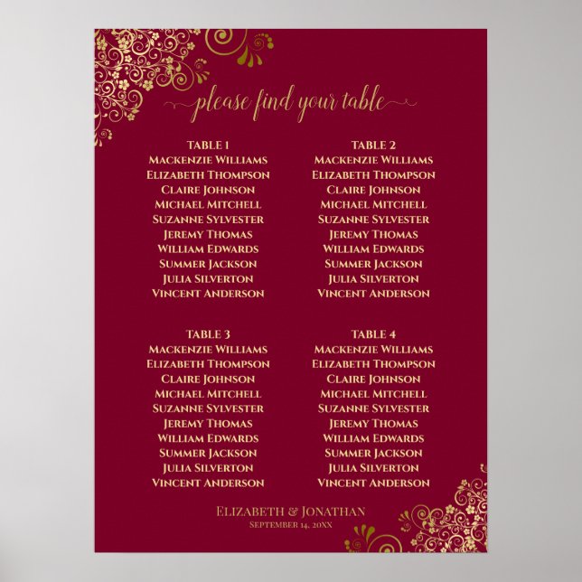 4 Table Elegant Gold & Burgundy Seating Chart  (Front)