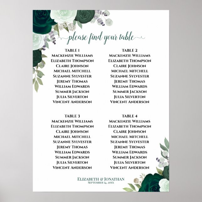4 Table Emerald Green Floral Wedding Seating Chart (Front)