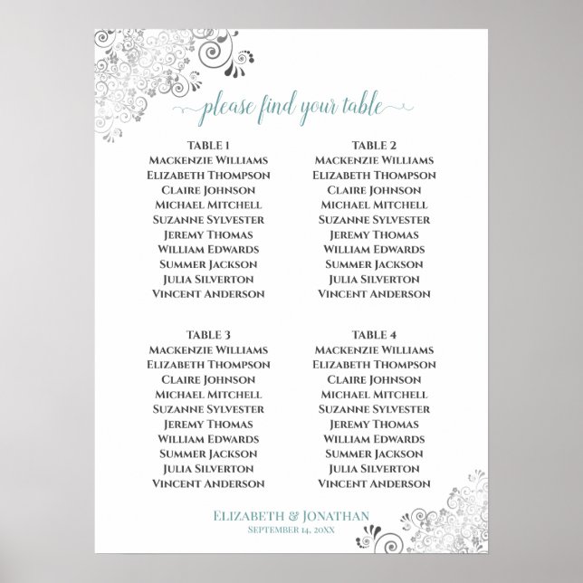 4 Table Frills Wedding Seating Chart Teal on White (Front)