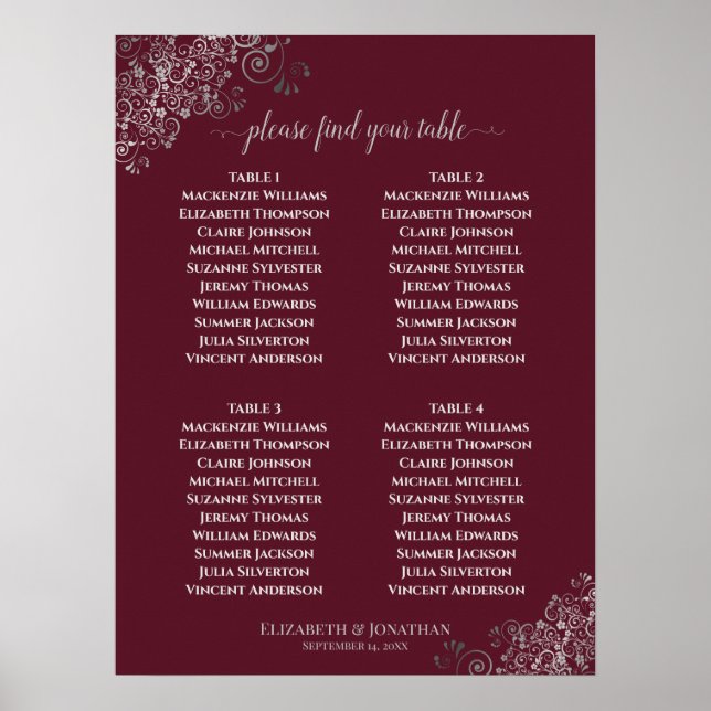 4 Table Lacy Silver Wedding Seating Chart Burgundy (Front)