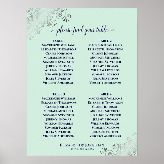 4 Table Mint Green & Navy Wedding Seating Chart (Front)