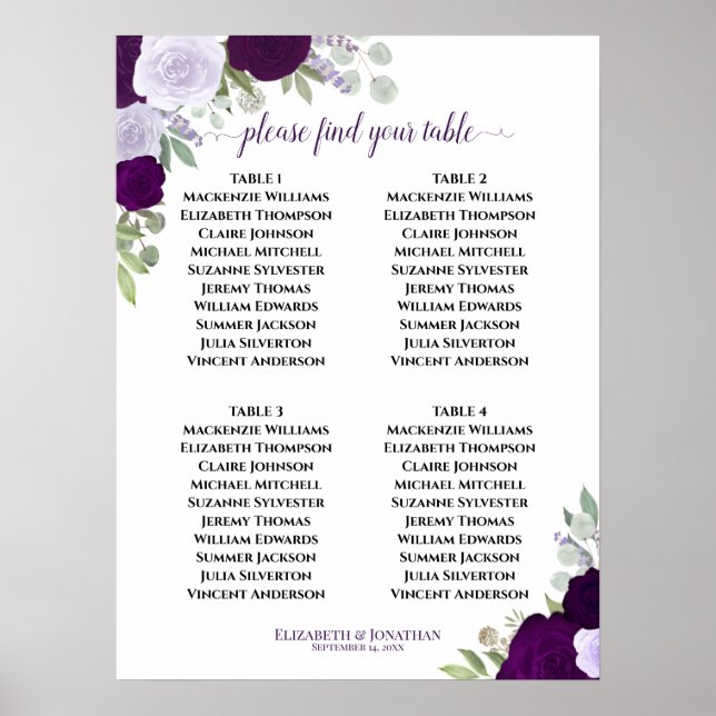 4 Table Purple Roses Elegant Wedding Seating Chart (Front)