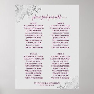 4 Table Wedding Seating Chart Magenta on Grey