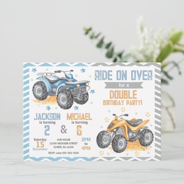 4 Wheeler Quad Bike ATV Joint Birthday Invitation (Standing Front)