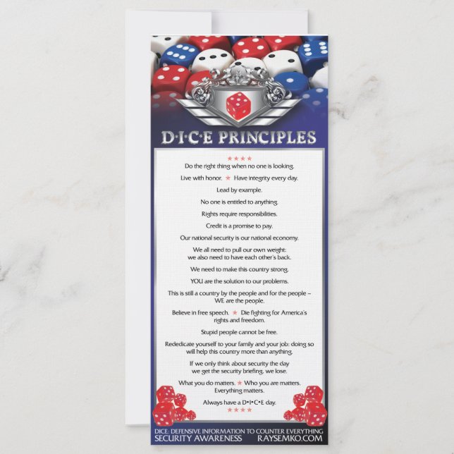 4"x 9" DICE Principles Bookmark (Front)