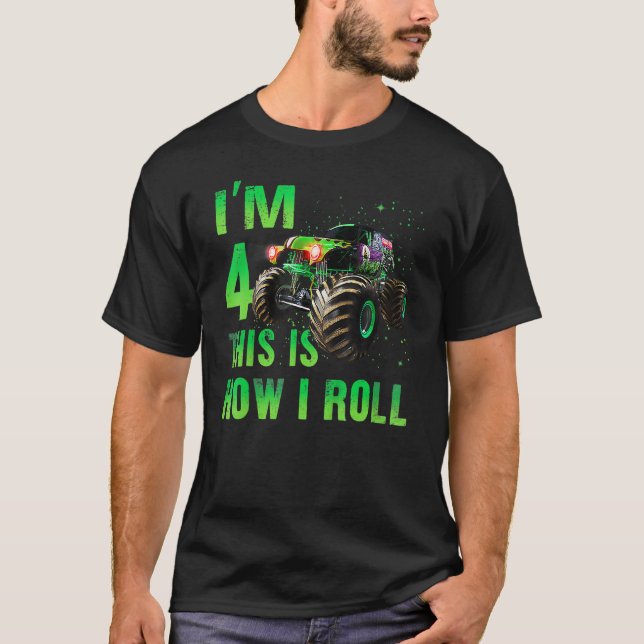 4 Year Old  4th Birthday Boy Monster Truck Car T-Shirt (Front)