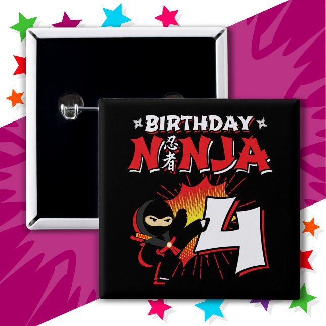 4 Year Old Comic Book Style Ninja 4th Birthday 2 Inch Square Button (Creator Uploaded)
