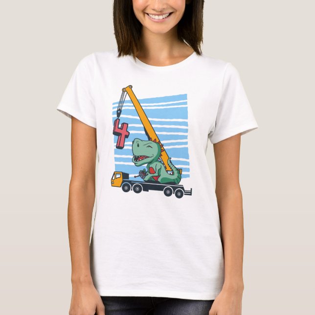 4 years 4th Birthday Mobile Crane Dinosaur T-Shirt (Front)