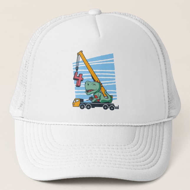 4 years 4th Birthday Mobile Crane Dinosaur Trucker Hat (Front)